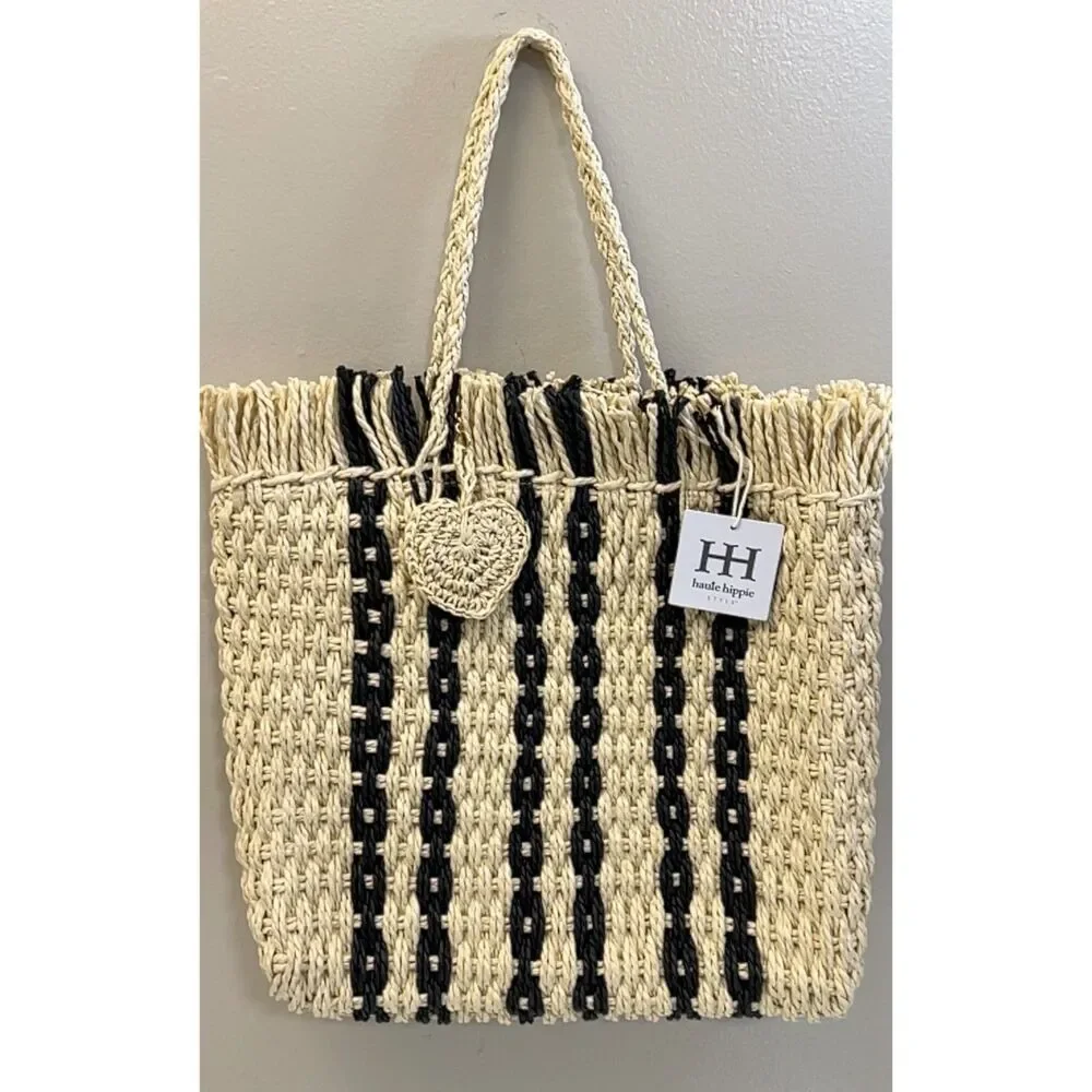 NWT Haute Hippie tan with black stripes raffia straw tote bag